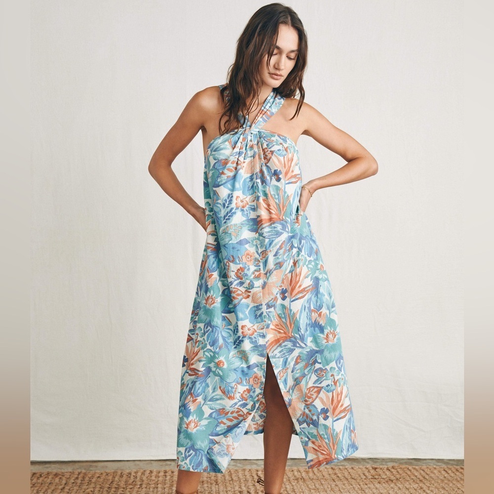 Faherty Blue and Orange Halter Neck Dress with Tropical Print